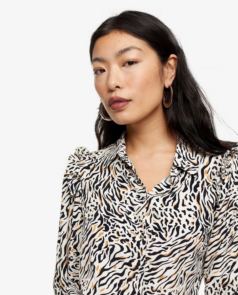 TOPSHOP - Áo sơ mi nữ cổ bẻ tay dài PETITE Black & White Print Frill Shirred