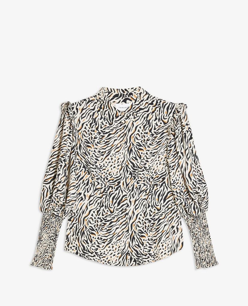 TOPSHOP - Áo sơ mi nữ cổ bẻ tay dài PETITE Black & White Print Frill Shirred