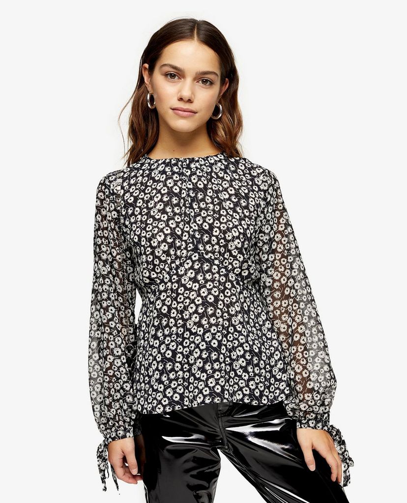 TOPSHOP - Áo kiểu nữ cổ tròn tay dài PETITE Black & White