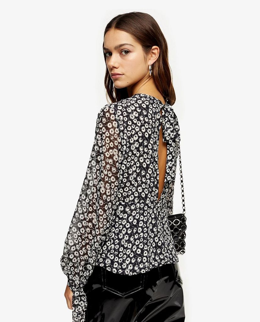 TOPSHOP - Áo kiểu nữ cổ tròn tay dài PETITE Black & White