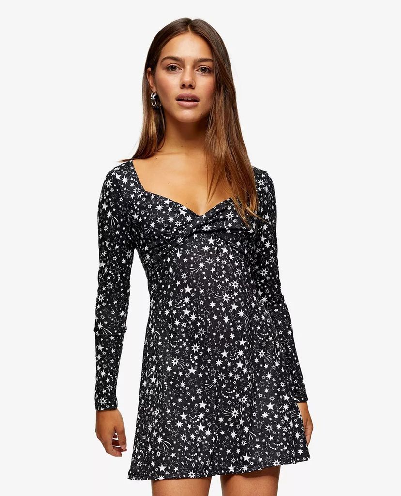 TOPSHOP - Đầm mini tay dài PETITE Black And White Star Twist Front