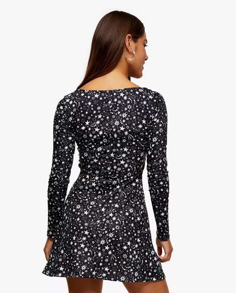 TOPSHOP - Đầm mini tay dài PETITE Black And White Star Twist Front