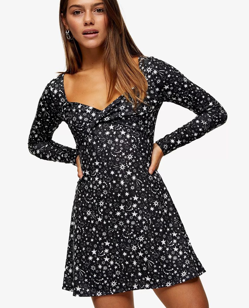 TOPSHOP - Đầm mini tay dài PETITE Black And White Star Twist Front