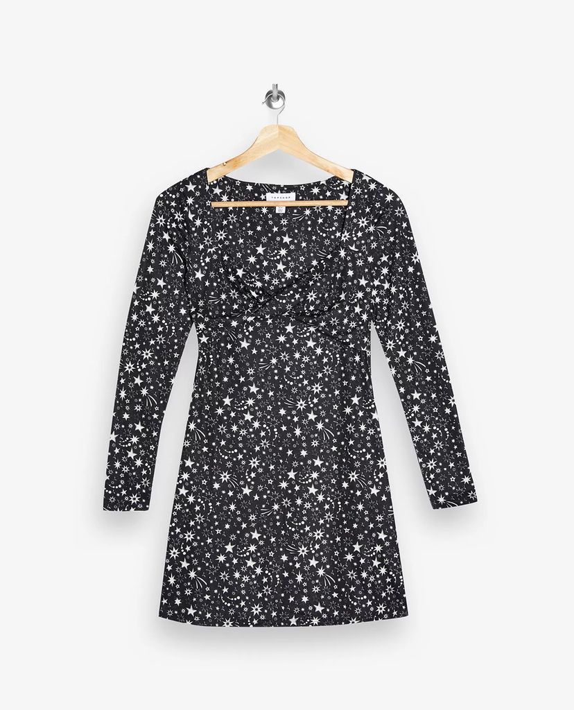 TOPSHOP - Đầm mini tay dài PETITE Black And White Star Twist Front