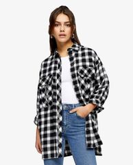 TOPSHOP - Áo sơ mi nữ tay dài PETITE Black & White Casual Oversized Check