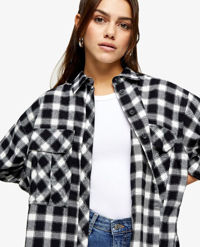 TOPSHOP - Áo sơ mi nữ tay dài PETITE Black & White Casual Oversized Check
