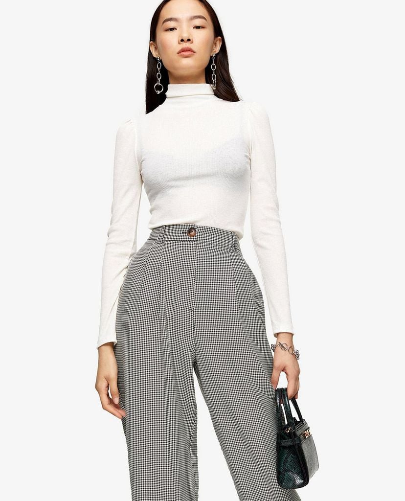 TOPSHOP - Quần kiểu nữ lưng cao phom suông Houndstooth Check Ovoid