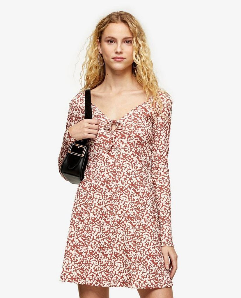 TOPSHOP - Đầm mini cổ V tay dài Blush Pink Animal Tie