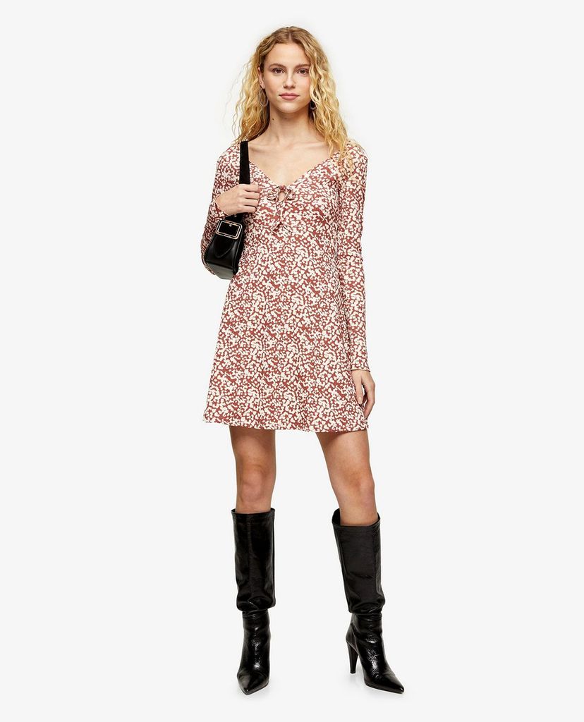 TOPSHOP - Đầm mini cổ V tay dài Blush Pink Animal Tie