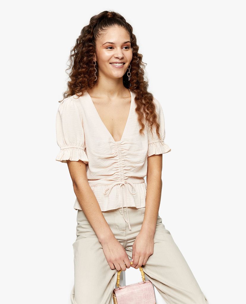 TOPSHOP - Áo kiểu nữ cổ tròn tay ngắn Blush Pink Ruched