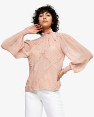 TOPSHOP - Áo kiểu nữ tay dài cổ cao Blush Pink Cross Hatch Lace