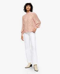 TOPSHOP - Áo kiểu nữ tay dài cổ cao Blush Pink Cross Hatch Lace