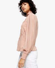TOPSHOP - Áo kiểu nữ tay dài cổ cao Blush Pink Cross Hatch Lace