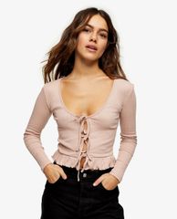 TOPSHOP - Áo cardigan nữ tay dài phối dây PETITE Pink Lace Up