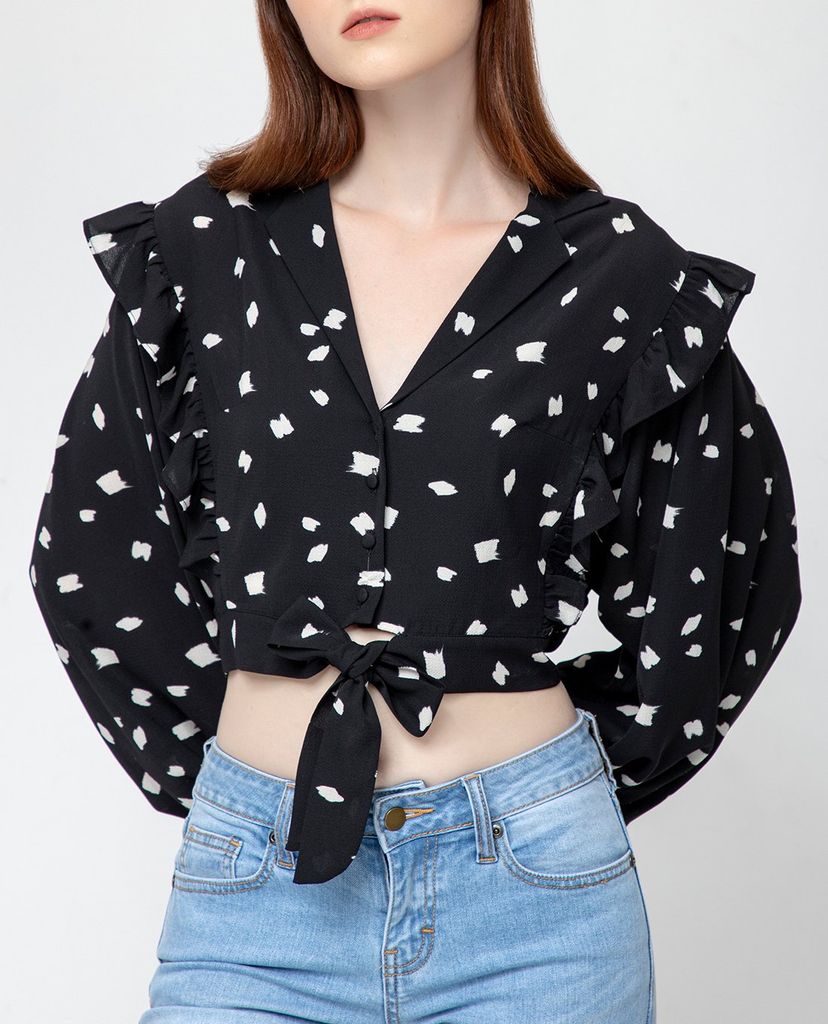 GIGI - Áo croptop nữ tay dài viền bèo Lapel