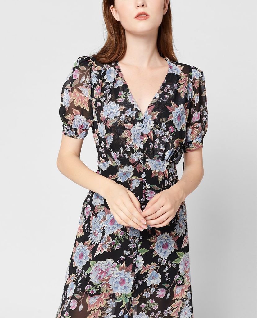 GIGI - Đầm midi cổ V tay ngắn phối họa tiết hoa thời trang SS