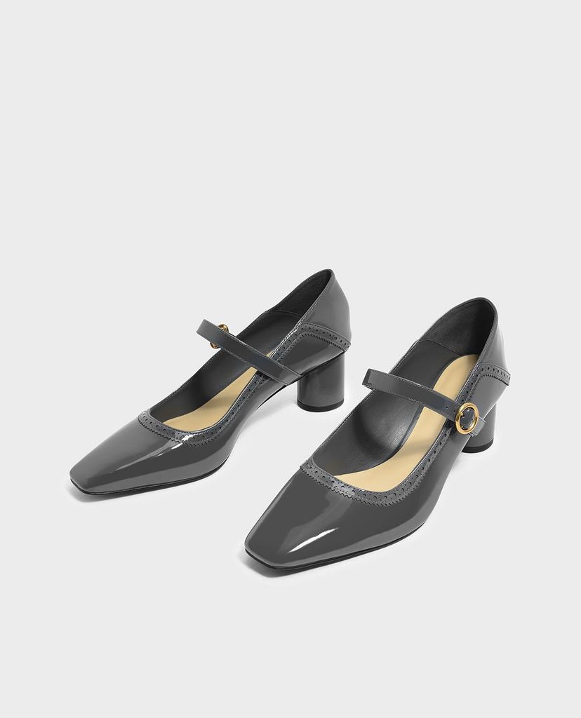 CHARLES & KEITH - Giày cao gót đế vuông Mustard Brogue Detail Mary Janes