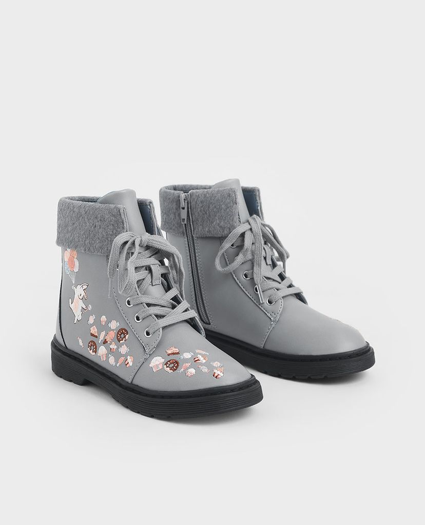 CHARLES & KEITH - Giày boots nữ Furry Cuff Embroidered