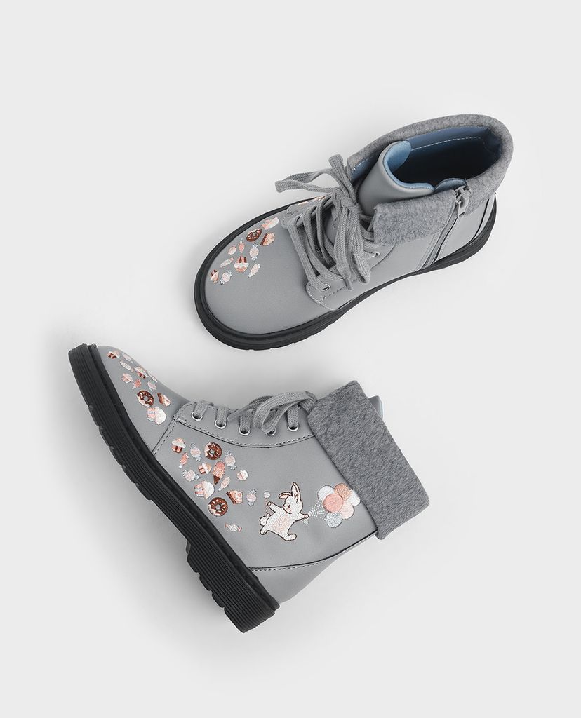 CHARLES & KEITH - Giày boots nữ Furry Cuff Embroidered