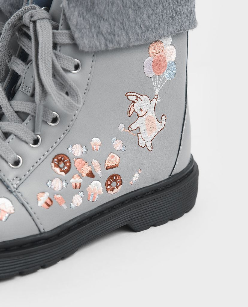 CHARLES & KEITH - Giày boots nữ Furry Cuff Embroidered