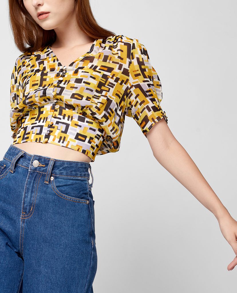 GIGI - Áo kiểu nữ ngắn tay cổ V Smocked Button