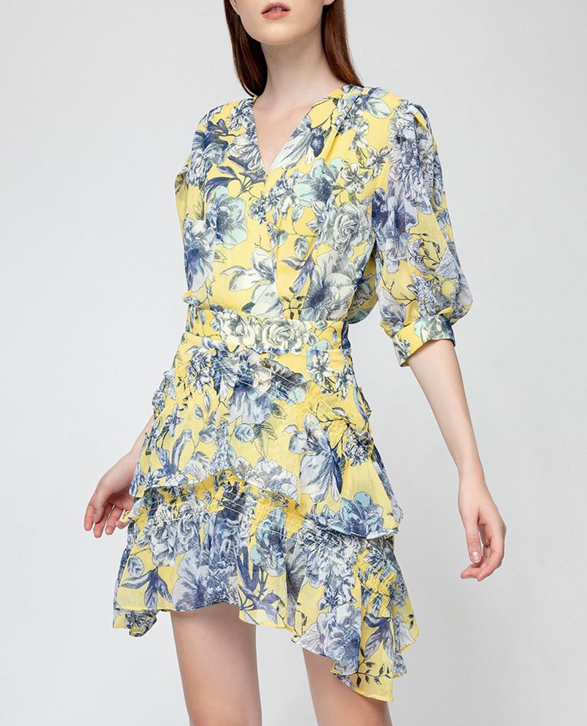 GIGI - Đầm mini cổ V tay ngắn Tiered Ruffles