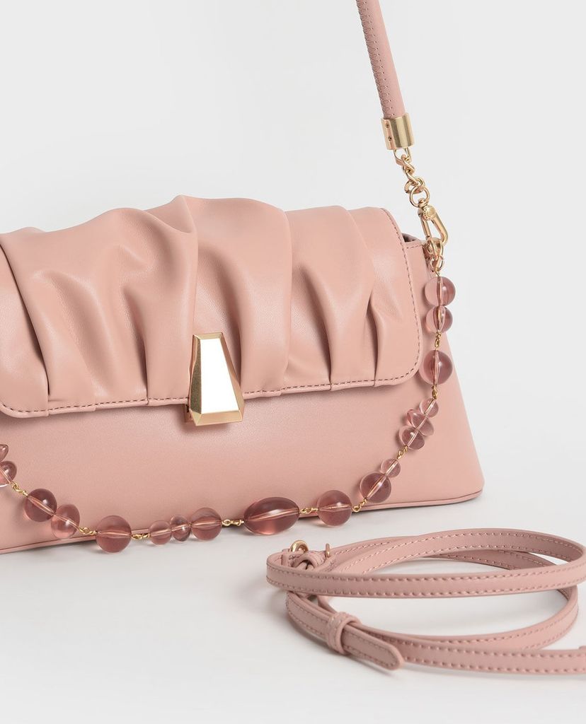 CHARLES & KEITH - Túi đeo vai nữ chữ nhật Beaded Strap Ruched Trapeze