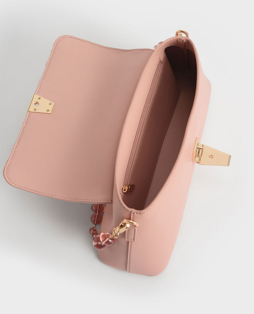 CHARLES & KEITH - Túi đeo vai nữ chữ nhật Beaded Strap Ruched Trapeze