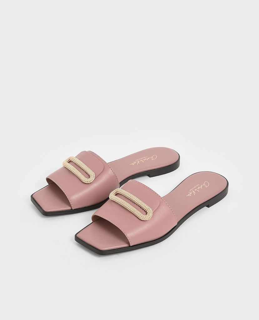 CHARLES & KEITH - Giày sandal nữ quai ngang Leather Metallic Accent