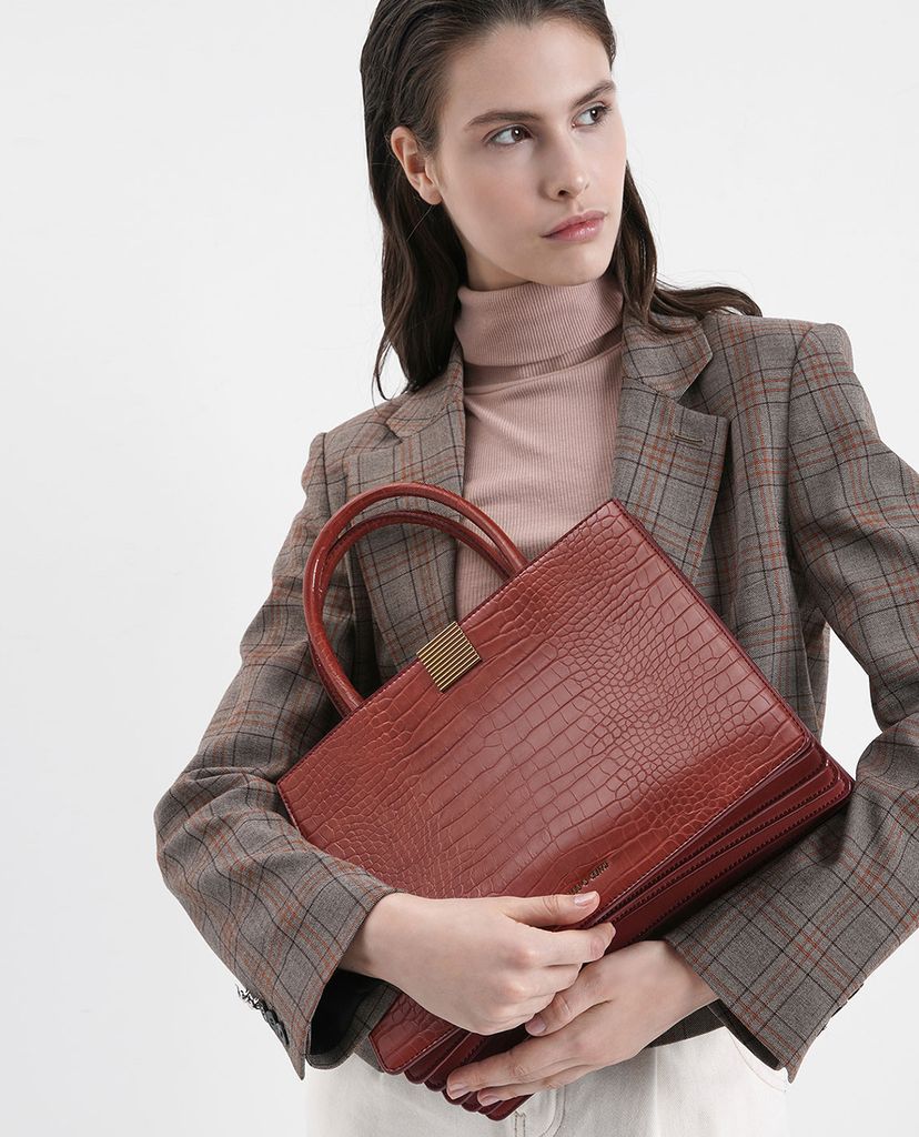 CHARLES & KEITH - Túi xách tay nữ chữ nhật Croc Effect Double Handle