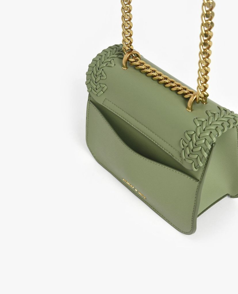CHARLES & KEITH - Túi đeo vai nữ chữ nhật nắp gập phối chi tiết dệt thời trang