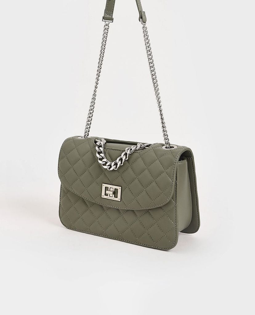 CHARLES & KEITH - Túi đeo chéo nữ chữ nhật Quilted Turn Lock