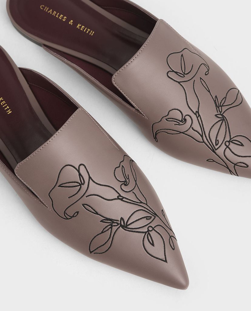 CHARLES & KEITH - Giày đế bệt Floral Embroidered Pointed Toe