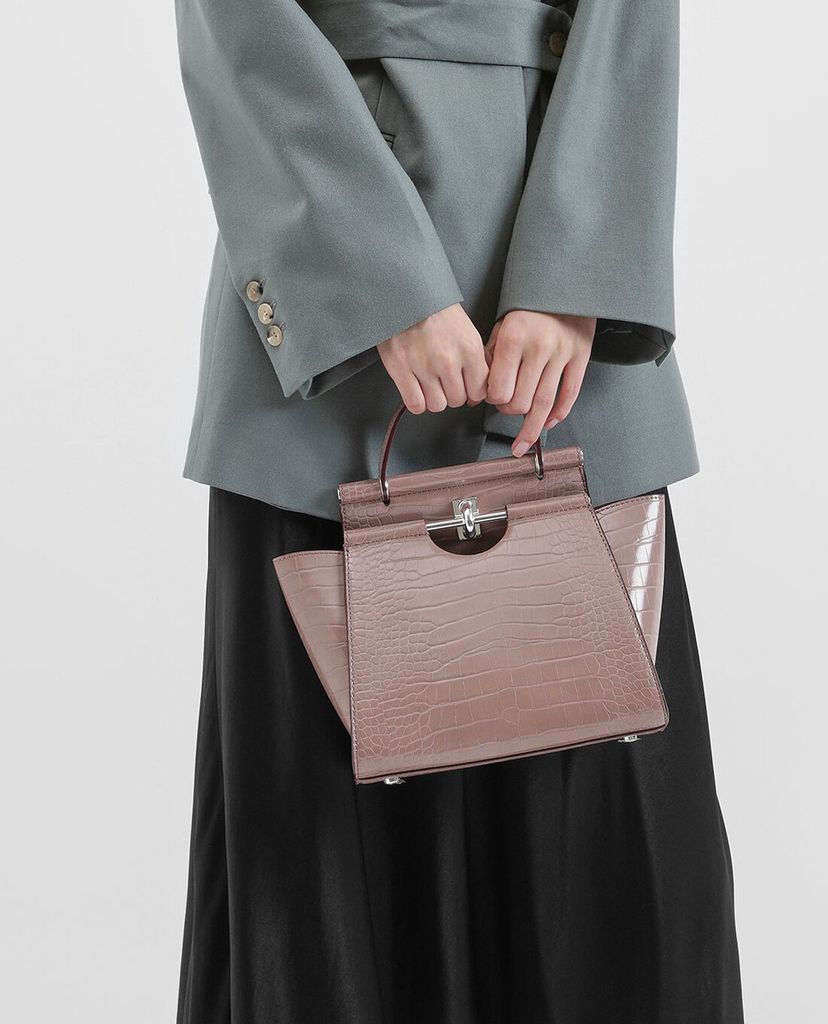 CHARLES & KEITH - Túi xách tay da cá sấu Croc Effect Trapeze