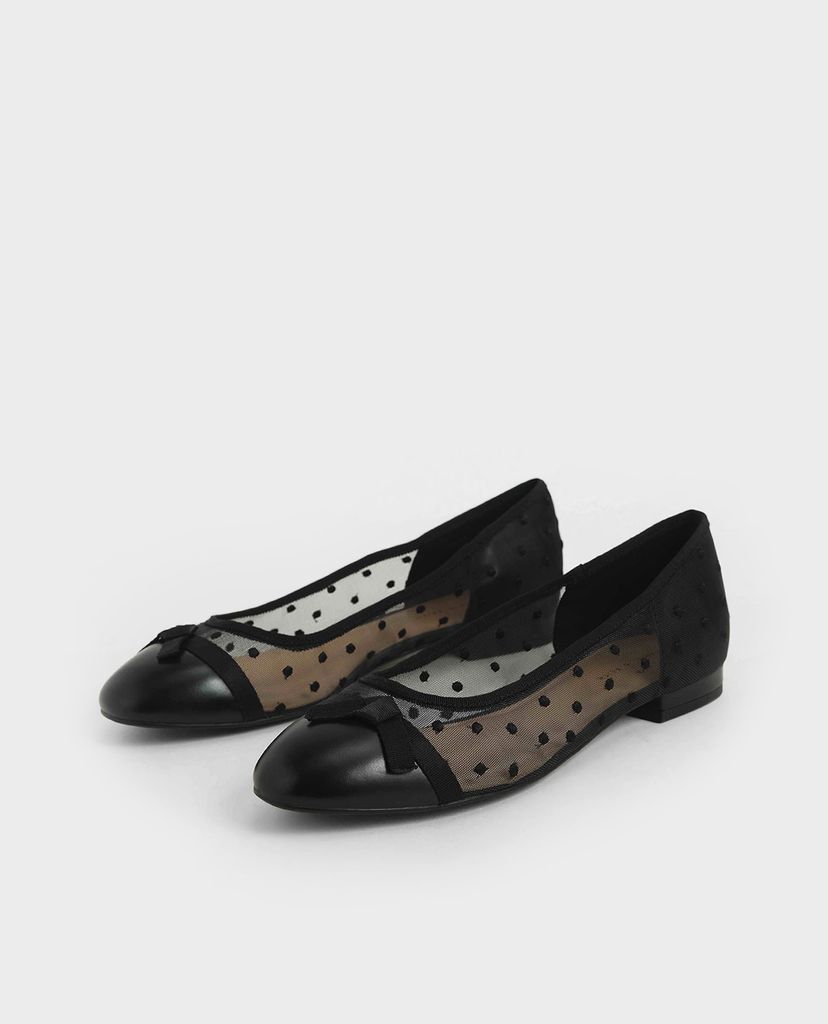 CHARLES & KEITH - Giày đế bệt nữ mũi tròn Mesh Bow Tie Ballerina