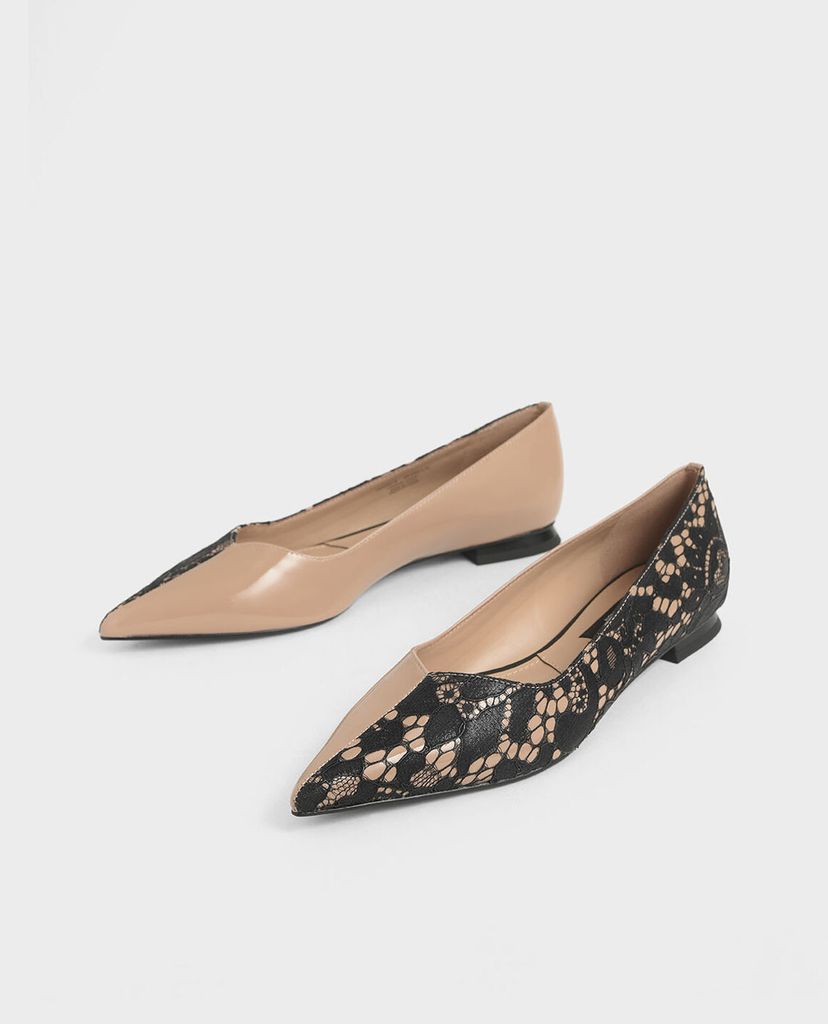 CHARLES & KEITH - Giày đế bệt nữ mũi nhọn Patent Leather Lace Ballerina