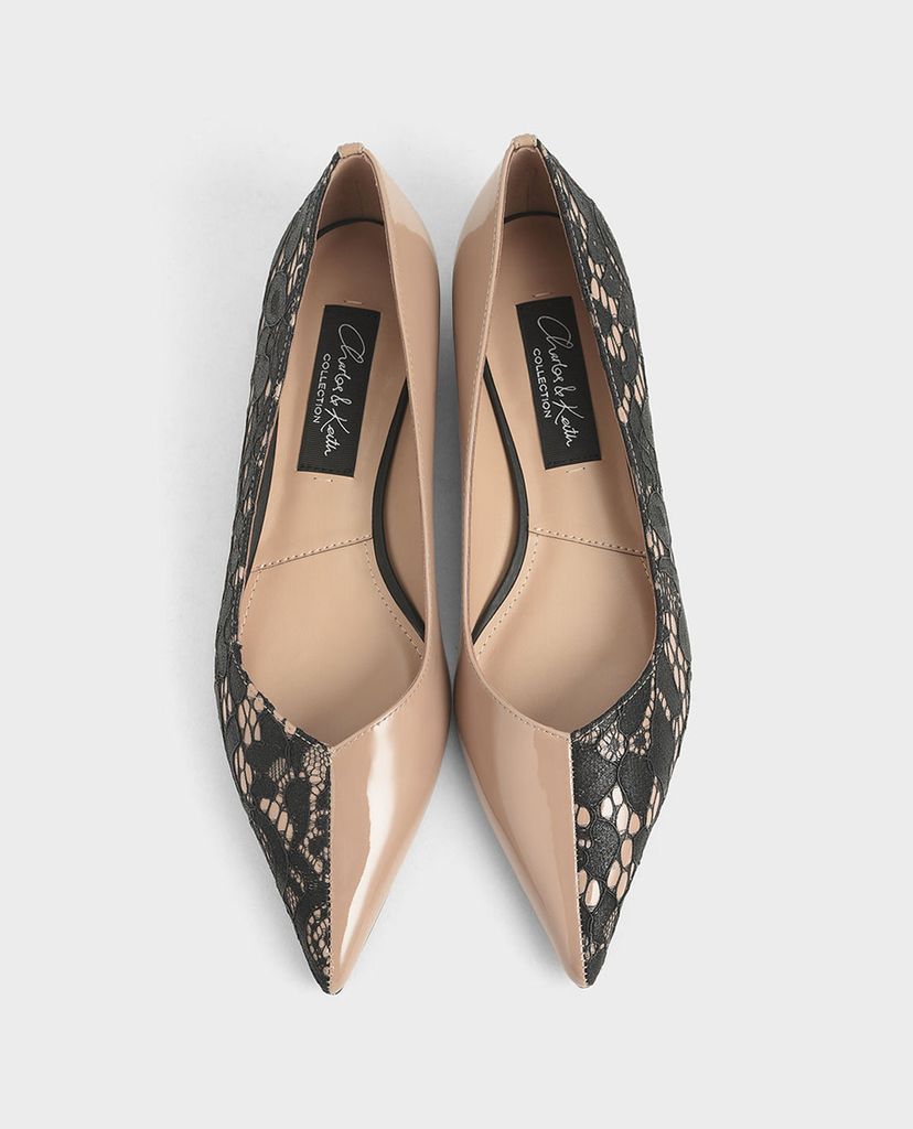 CHARLES & KEITH - Giày đế bệt nữ mũi nhọn Patent Leather Lace Ballerina
