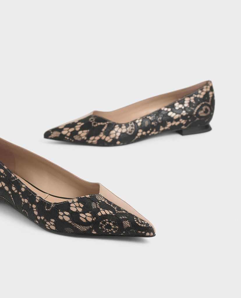 CHARLES & KEITH - Giày đế bệt nữ mũi nhọn Patent Leather Lace Ballerina