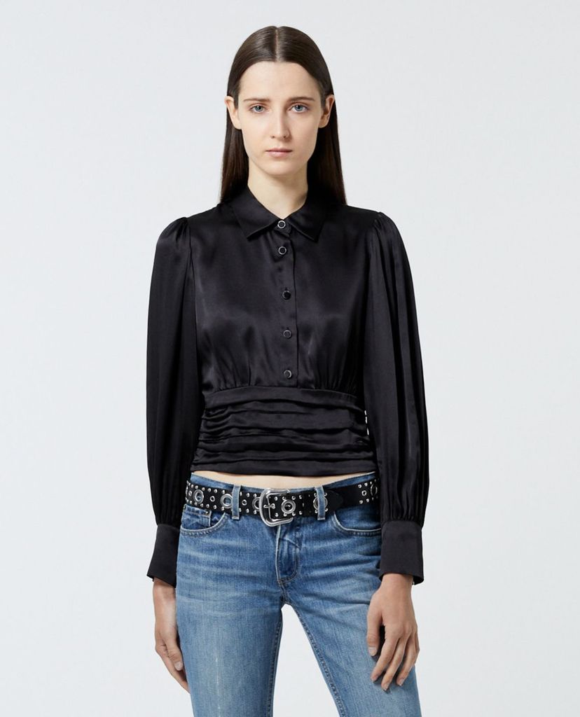 THE KOOPLES - Áo kiểu nữ cổ sơ mi tay dài Black Satin Silk