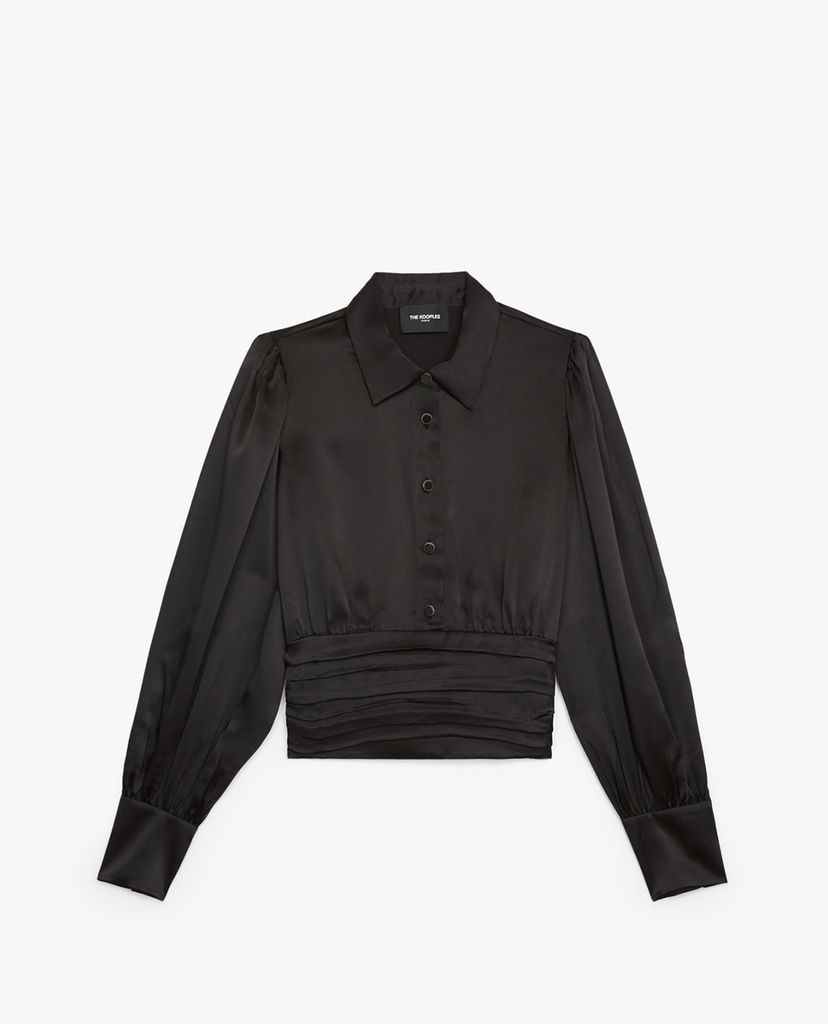 THE KOOPLES - Áo kiểu nữ cổ sơ mi tay dài Black Satin Silk