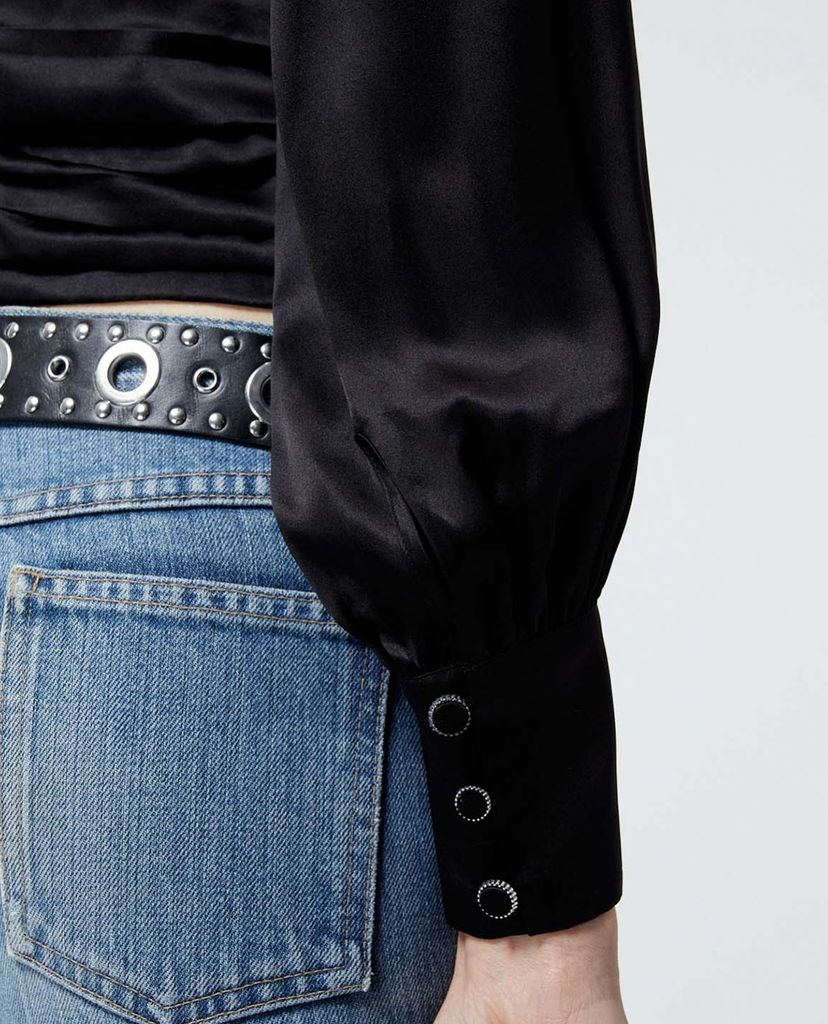 THE KOOPLES - Áo kiểu nữ cổ sơ mi tay dài Black Satin Silk