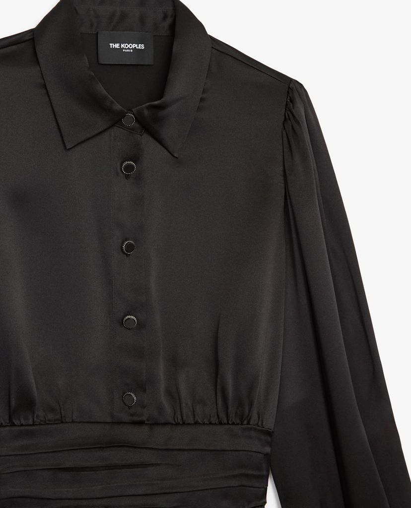 THE KOOPLES - Áo kiểu nữ cổ sơ mi tay dài Black Satin Silk