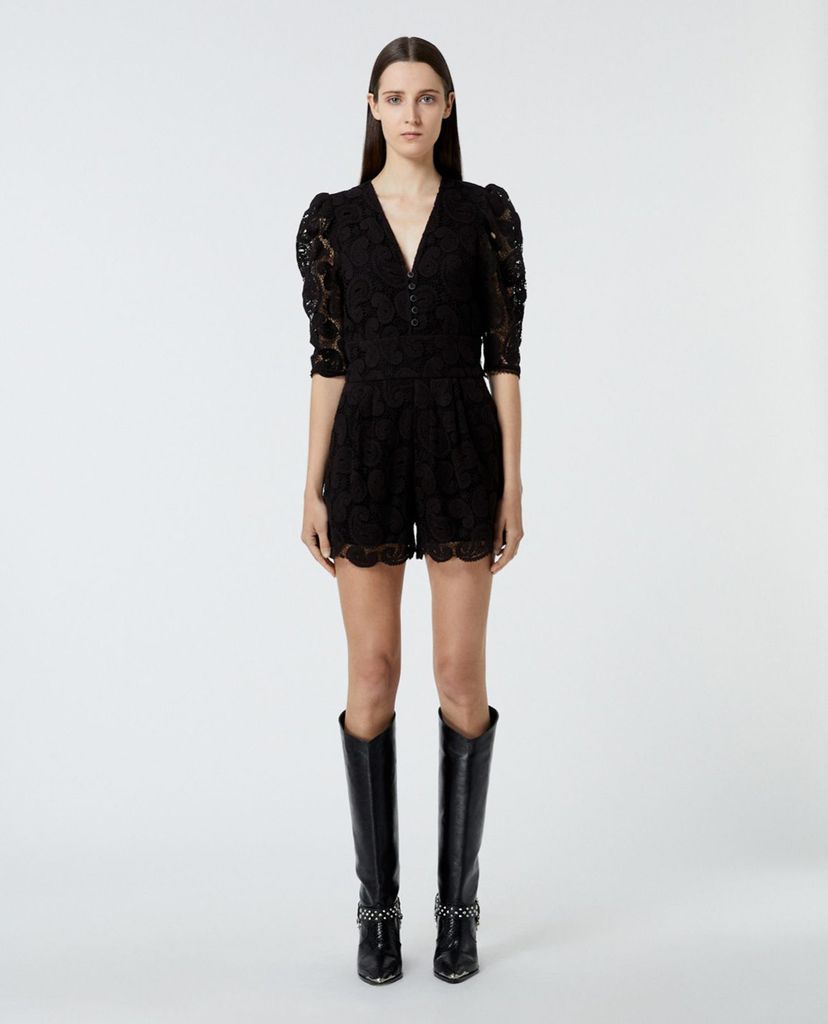 THE KOOPLES - Playsuit cổ V tay lỡ phối nút Black Lace