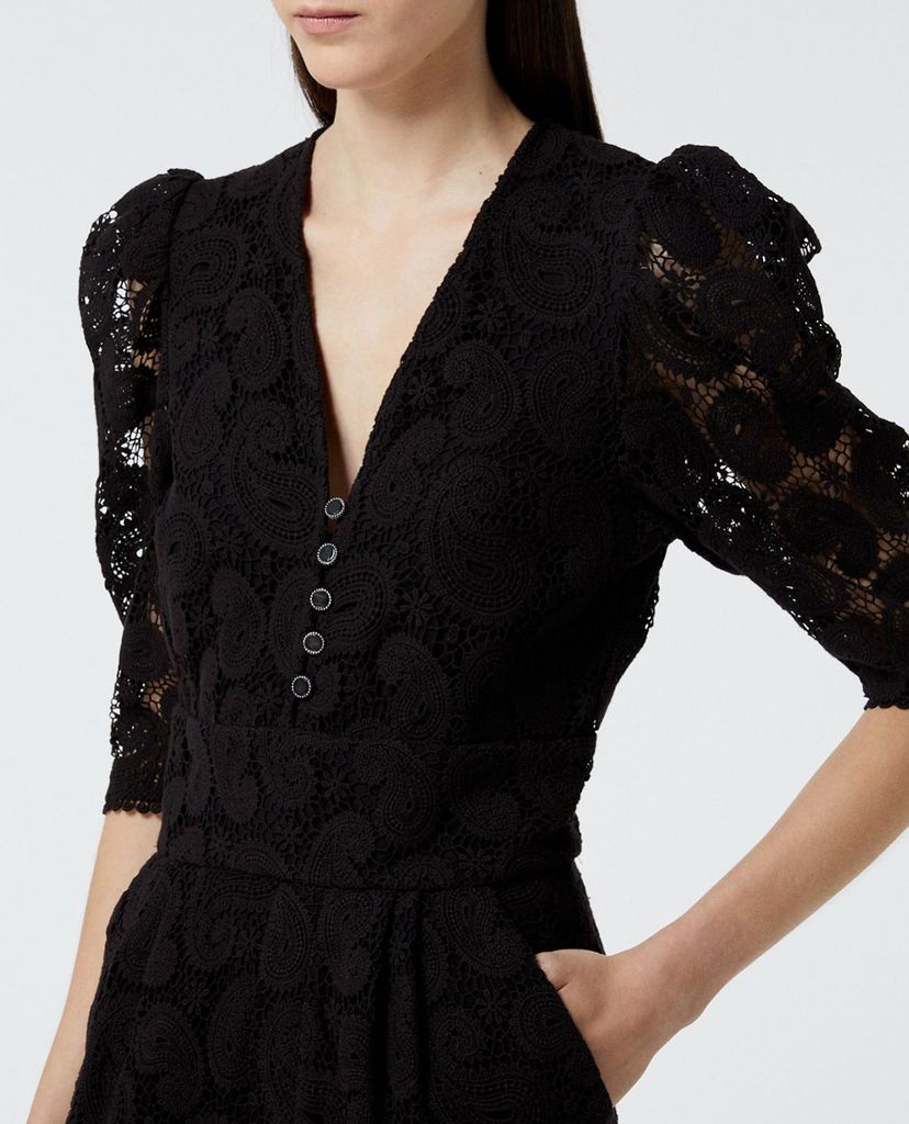 THE KOOPLES - Playsuit cổ V tay lỡ phối nút Black Lace