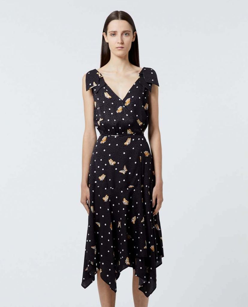 THE KOOPLES - Đầm midi cổ V hai dây phối chấm bi Butterfly Motif