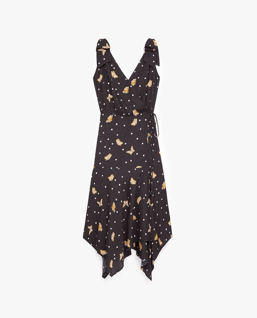 THE KOOPLES - Đầm midi cổ V hai dây phối chấm bi Butterfly Motif