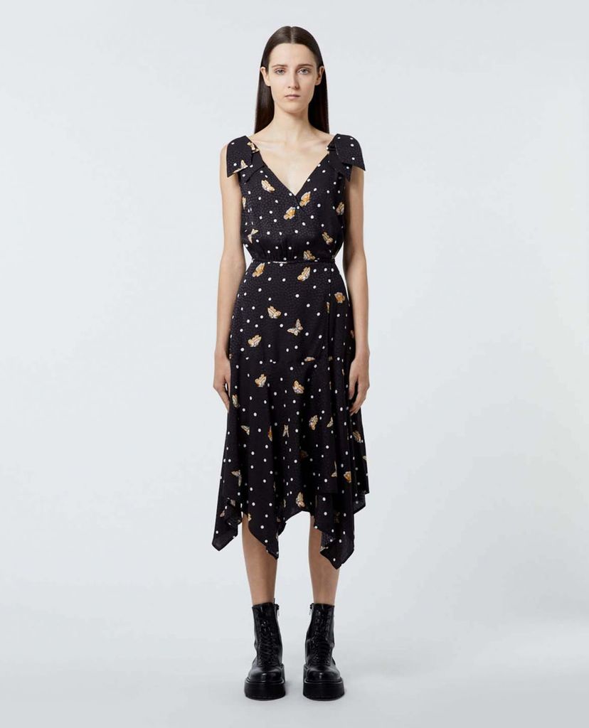 THE KOOPLES - Đầm midi cổ V hai dây phối chấm bi Butterfly Motif