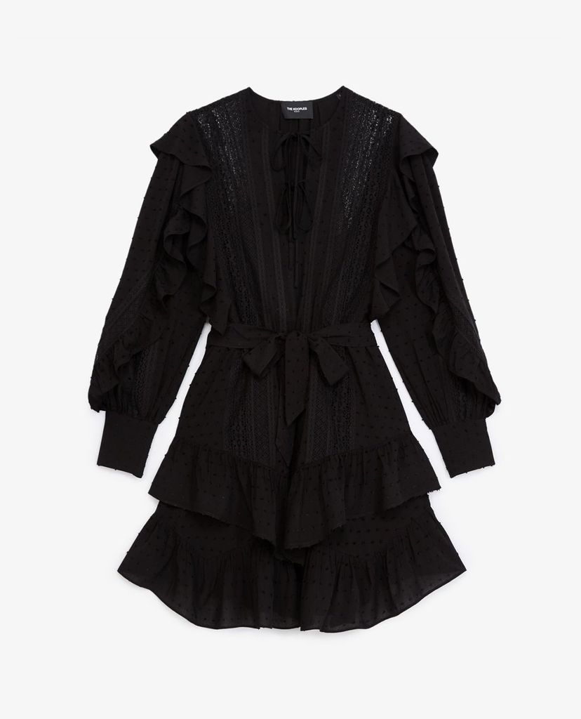 THE KOOPLES - Đầm mini cổ tròn tay dài phối thắt lưng Flounce