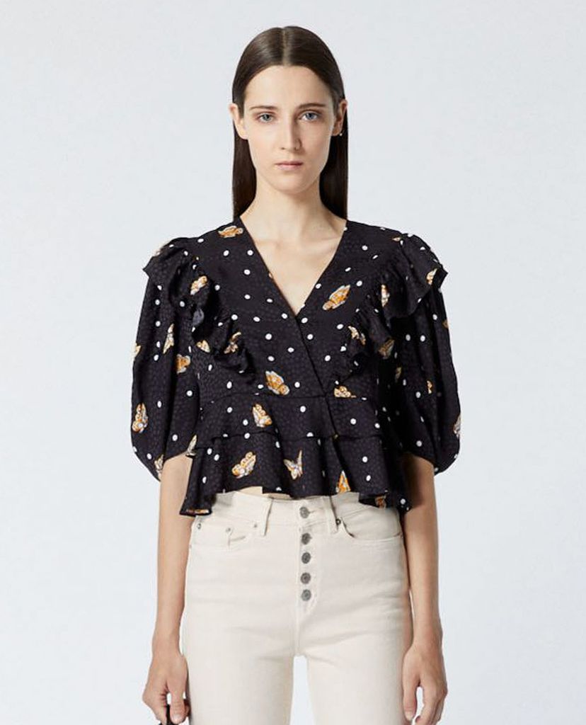 THE KOOPLES - Áo croptop nữ cổ V tay lỡ phối bèo Butterfly Motif