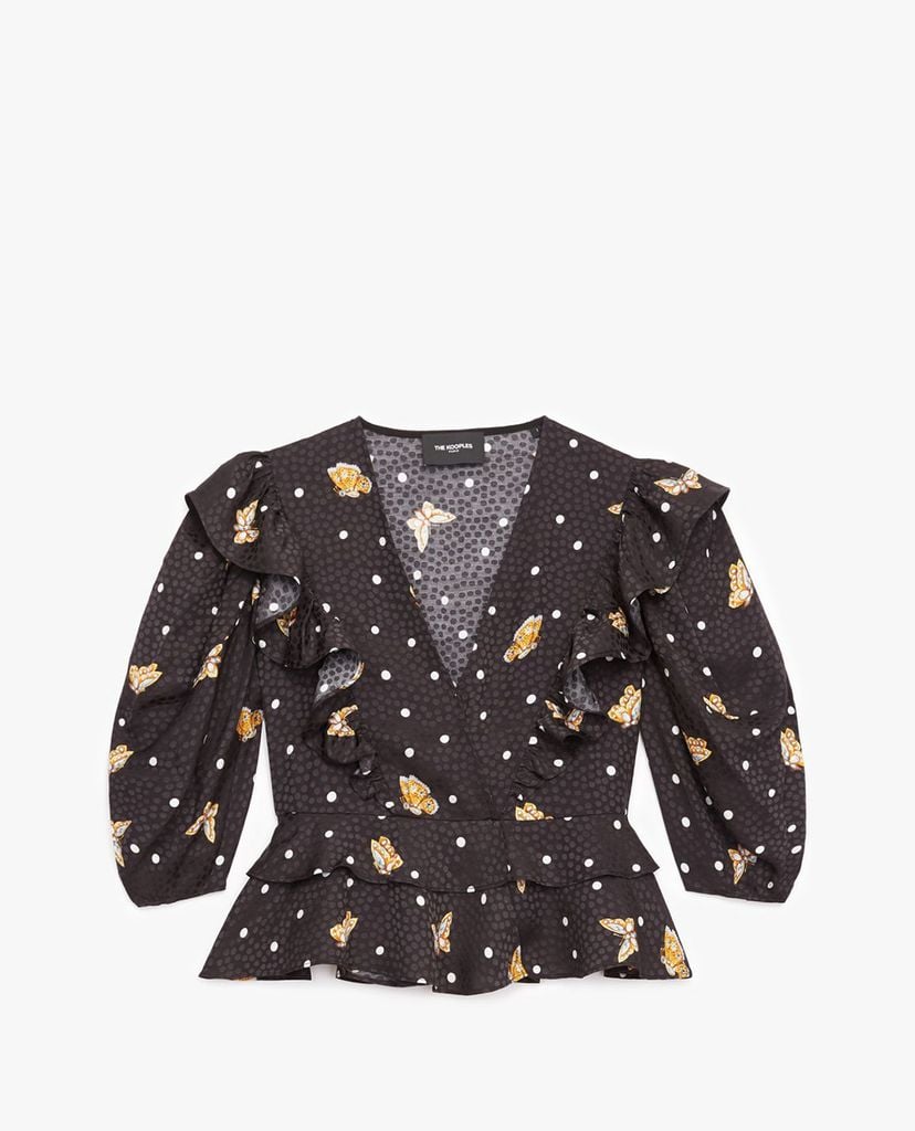 THE KOOPLES - Áo croptop nữ cổ V tay lỡ phối bèo Butterfly Motif